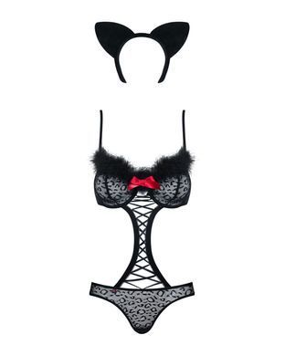 Еротичний костюм гепарду Obsessive Gepardina 3 pcs costume L/XL, чорний, хутряне оздоблення, монокін SO7277 фото