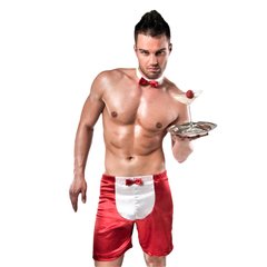 Розпродаж!!! Чоловічий еротичний костюм офіціанта Passion 019 SHORT red S/M, шорти і метелик
