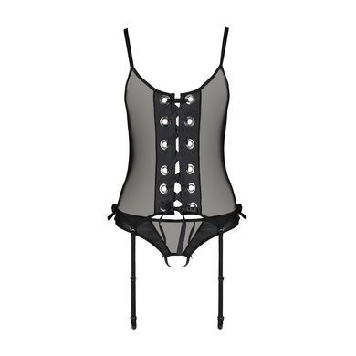 Корсет со шнуровкой Passion NESSY CORSET L/XL black, стринги с открытым доступом, пажи для чулок SO8454 фото