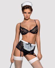 Еротичний костюм покоївки Obsessive Maidme set 5pcs S/M, бюстгальтер, пояс з фартухом, панчохи, стрі SO7290 фото