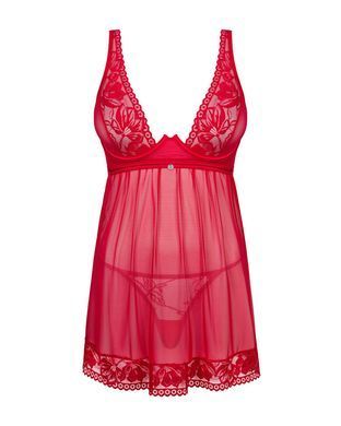 Прозора сорочка бебі-дол Obsessive Lacelove babydoll & thong XS/S Red, мереживо, стрінги SO8646 фото