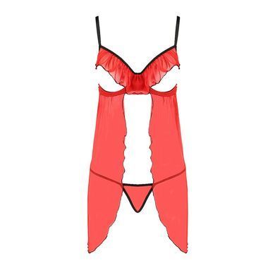 Прозрачный пеньюар с открытой грудью CHERRY CHEMISE red L/XL - Passion Exclusive, трусики PS25501 фото