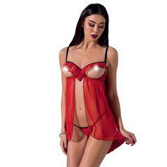 Прозрачный пеньюар с открытой грудью CHERRY CHEMISE red S/M - Passion Exclusive, трусики PS25502 фото