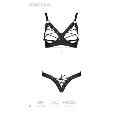 Комплект з екошкіри Passion CELINE BIKINI S/M black відкритий бра зі стрічками, стрінги зі шнурівкою SO6401 фото