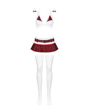 Эротический костюм школьницы с мини-юбкой Obsessive Schooly 5pcs costume S/M, бело-красный, топ, юбк SO7304 фото