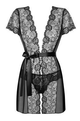 Пеньюар Obsessive Alluria peignoir & thong, S/M, прозорий, з мереживом, пояс, трусики в комплекті SX1124 фото