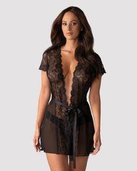 Пеньюар Obsessive Alluria peignoir & thong, L/XL, прозорий, з мереживом, пояс, трусики в комплекті SX1125 фото