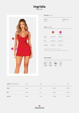 Пеньюар Obsessive Ingridia chemise & thong M/L, червоний, сорочка, стрінги SO9037 фото