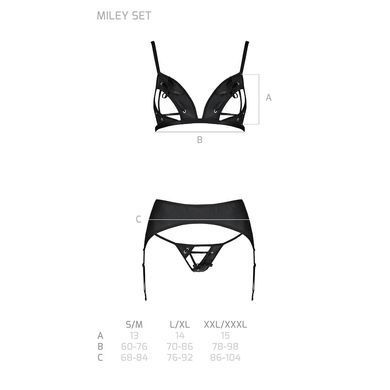 Комплект из эко-кожи Passion Miley Set black L/XL: трусики, бюстгальтер, пояс для чулок SO5771 фото