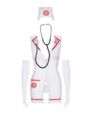 Еротичний костюм медсестри Obsessive Emergency dress S/M, white, сукня, стринги, рукавички, чепчик, SO7704 фото